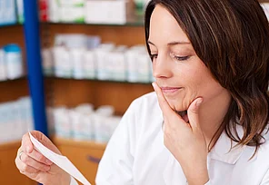 Apothekerin schaut nachdenklich auf ein Rezept